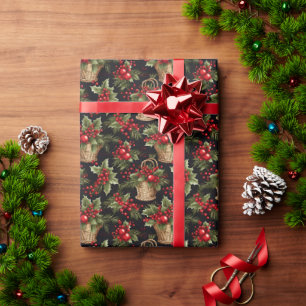 Zwart Kerstmis Modern Botanisch Patroon Cadeaupapier