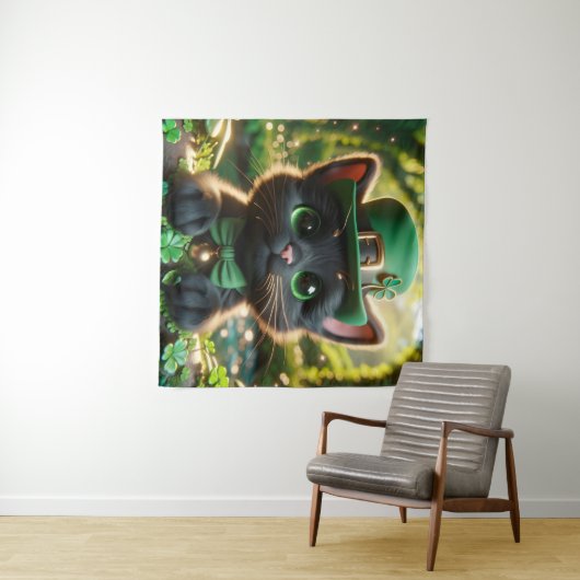 Zwart Kitten in Groen St. Patrick's Day Kleding Wandkleed (In Situ (horizontaal))