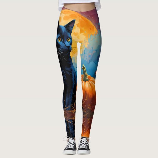 Zwart Kitten Pompoen Volle Maan Herfst Bladeren Leggings (Voorkant)