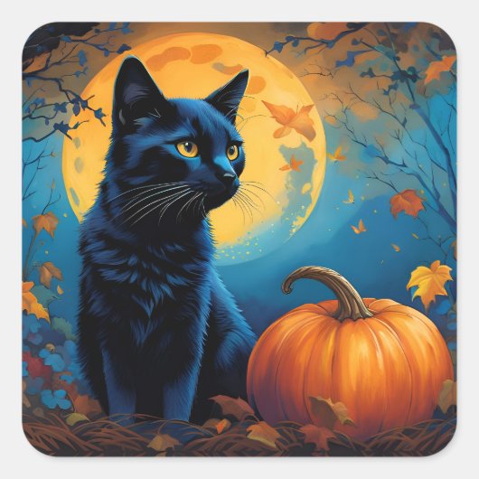 Zwart Kitten Pompoen Volle Maan Herfst Bladeren Vierkante Sticker (Voorkant)