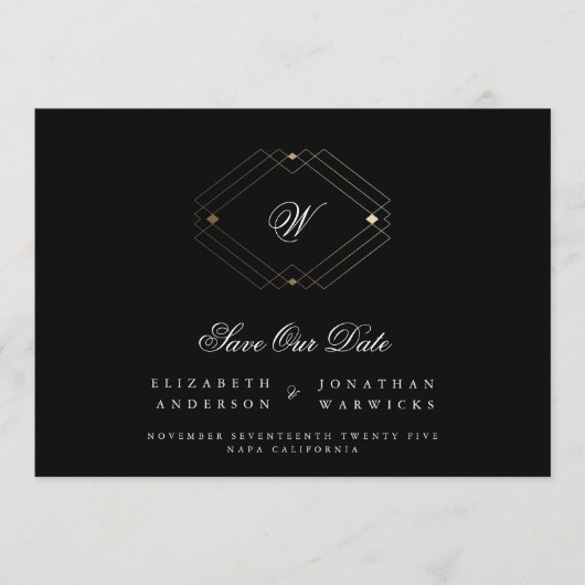 zwart klassiek  deco goudmonogram geometrisch save the date (Voorkant)