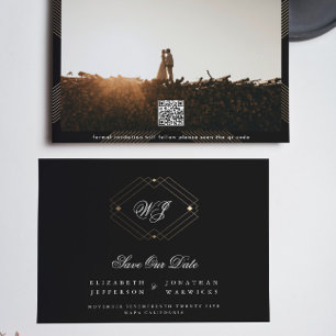 zwart klassiek deco goudmonogram qr code save the date