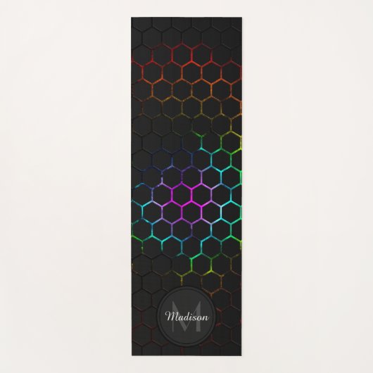 Zwart kleurrijk meetpatroon van honingraat Monogra Yogamat (Voorkant)