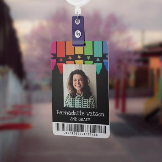 Zwart Kleurrijke Crayons Barcode School Leraar ID Badge