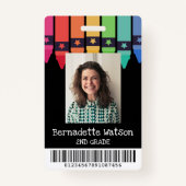 Zwart Kleurrijke Crayons Barcode School Leraar ID Badge (Voorkant)