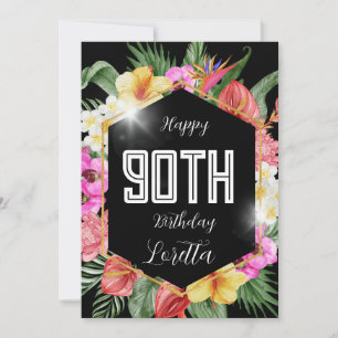 Zwart Kleurrijke Tropical Flowers 90e Verjaardag K Feestdagenkaart
