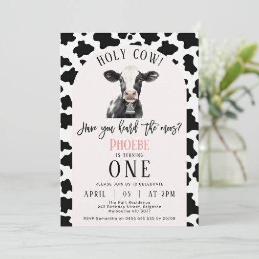 Zwart Koe Print Roze Arch Heilige Koe 1e Verjaarda Kaart (Staand voorkant)