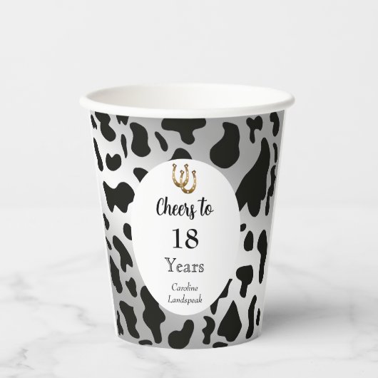 Zwart Koe Prints, zilver & goud Hoefijzer Verjaard Papieren Bekers (Voorkant)
