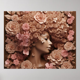 Zwart Koningin Melanine Vrouwen 3D Bloemen Flower  Poster