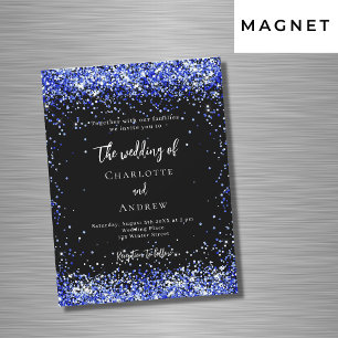 Zwart koningsblauw confetti luxe bruiloft magnetische uitnodiging
