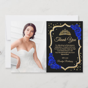 Zwart Koninklijk Blauw Gouden Quinceanera Foto Bedankkaart
