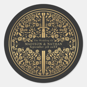 Zwart koninklijk middeleeuws zwaardhuwelijk ronde sticker