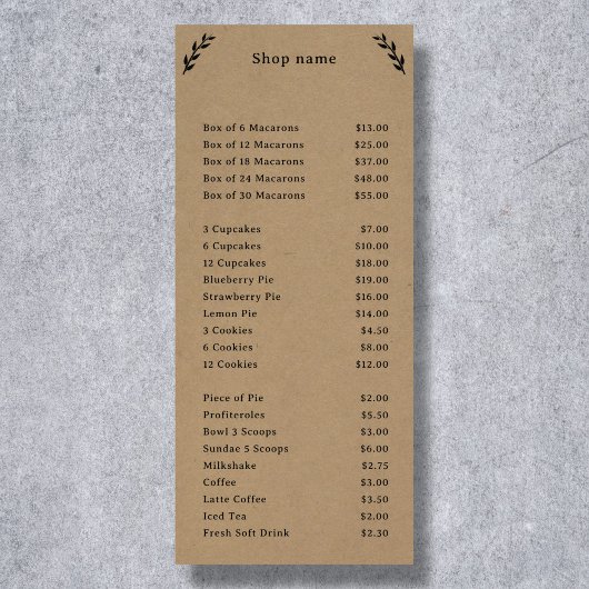 Zwart, Kraft & Rustic Menu & Prijslijst Kaart