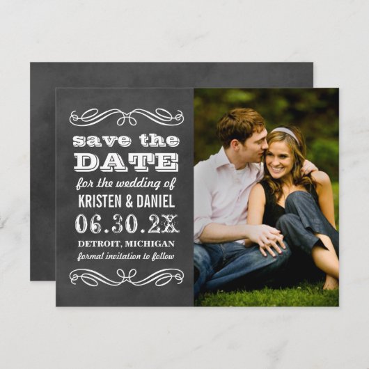 zwart krijtbord bruiloft foto save the date (Voorkant / Achterkant)