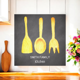 Zwart krijtbord Gele keukengerei Keuken Canvas Afdruk