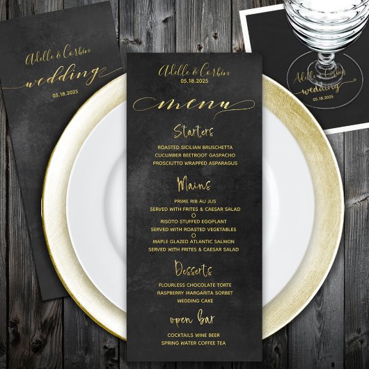 Zwart krijtbord & gouden kalligrafie bruiloft menu
