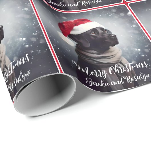 zwart lab in sjaal en kerstmuts cadeaupapier (Rol Hoek)