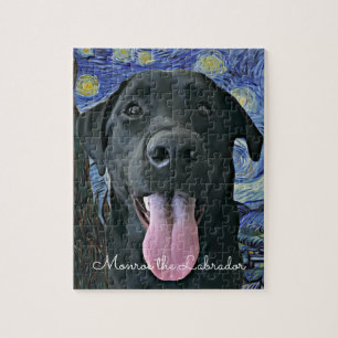 Zwart lab met twee sticks Dog Foto en naam Legpuzzel