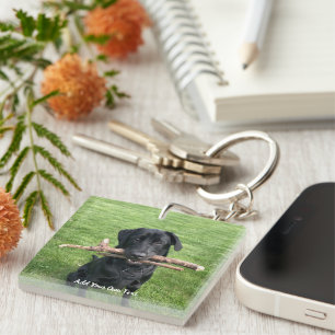 Zwart lab met twee sticks Dog Foto en naam Sleutelhanger