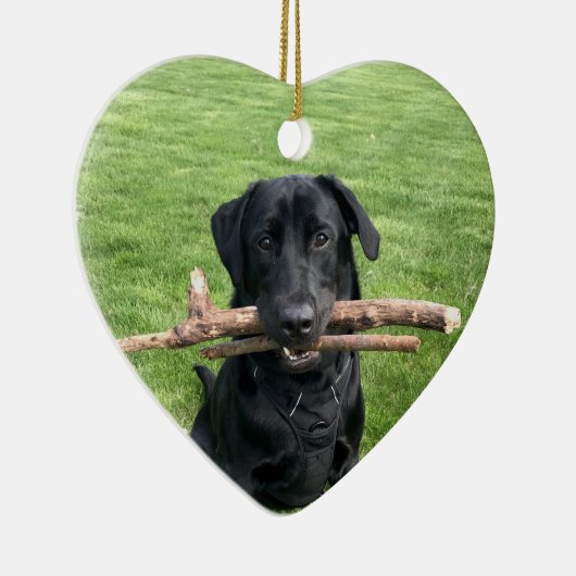 Zwart lab met twee stokken Dog Foto Keramisch Ornament (Rechts)