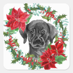 Zwart Lab Poinsettia Kerstkrans Vierkante Sticker