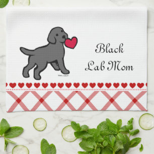 Zwart Lab Puppy and Red Heart Theedoek