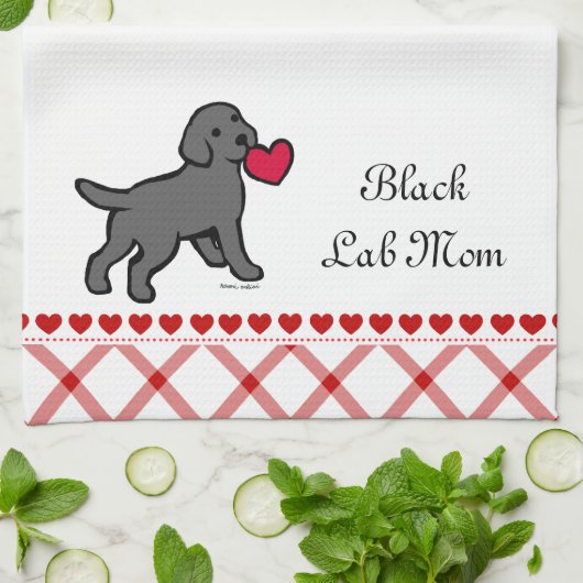 Zwart Lab Puppy and Red Heart Theedoek (Gevouwen)