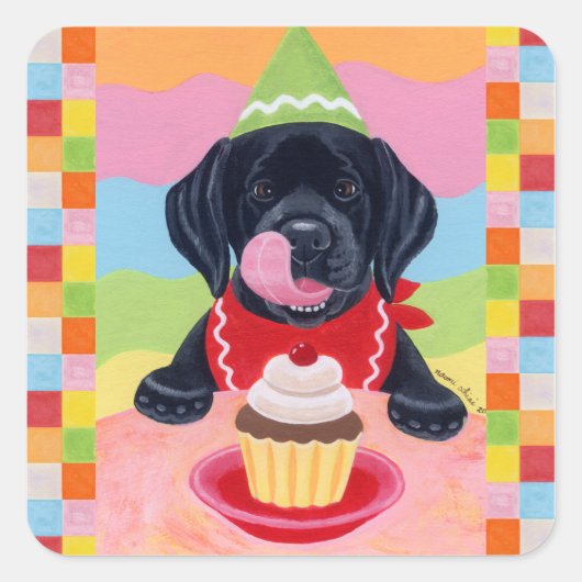 Zwart lab Puppy Birthday Cupcake Painting Vierkante Sticker (Voorkant)