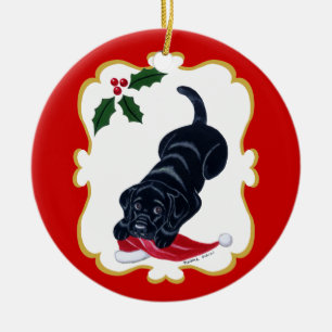 Zwart lab-uppy met Santa Hat Keramisch Ornament