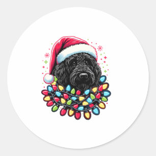 Zwart Labradoodle Kerstboom Kerstverlichting Doodl Ronde Sticker