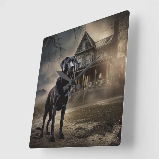 Zwart labrador halloween eng vierkante klok (Hoek)