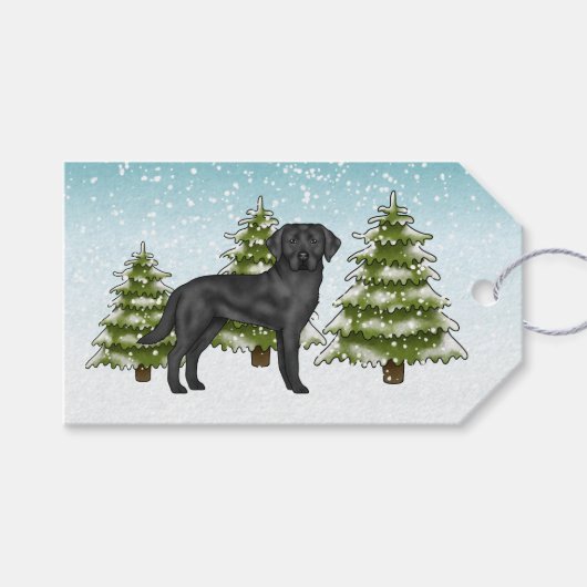 Zwart Labrador Retriever Blauw Sneeuwrijk Winterbo Cadeaulabel (Voorkant (Horizontaal))