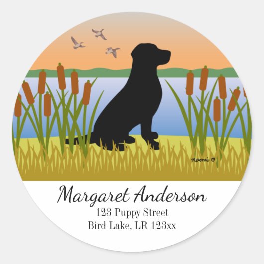 Zwart labrador vogel hond zonsondergang adres ronde sticker (Voorkant)