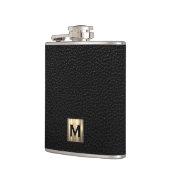 Zwart leder geborsteld goud monogram heupfles (Links)