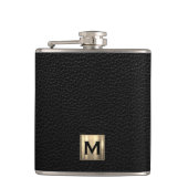 Zwart leder geborsteld goud monogram heupfles (Voorkant)