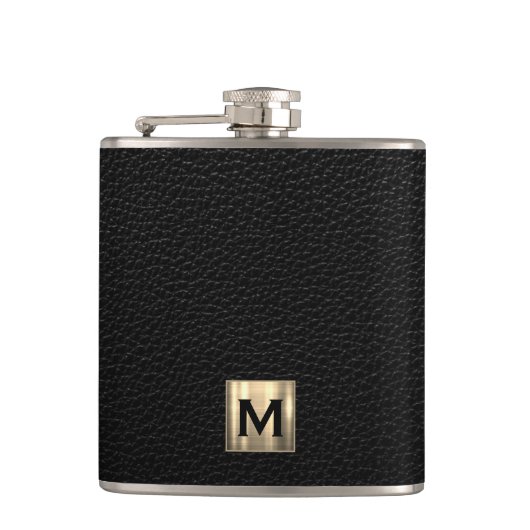 Zwart leder geborsteld goud monogram heupfles (Voorkant)