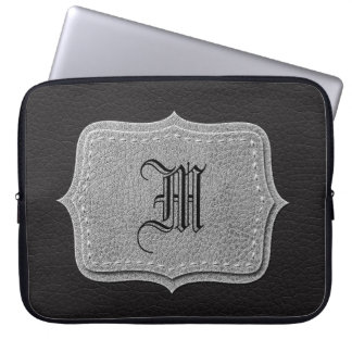 Zwart leder - Gepersonaliseerd monogram Laptop Sleeve