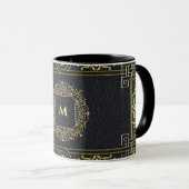 Zwart leder Gold Art Deco Monogram Letter Koffie Mok (Voorkant rechts)