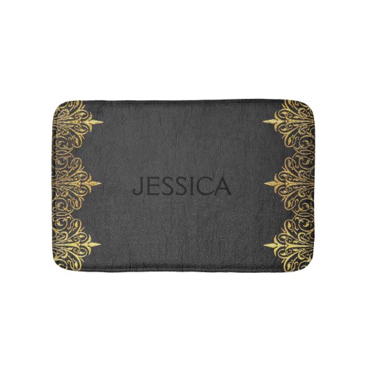 Zwart leder met goud swirly Lijst Badmat (Voorkant)