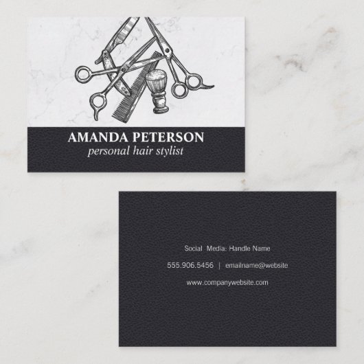 zwart leder | Salon Marble | Gereedschap voor kapp Visitekaartje (Voorkant / Achterkant)