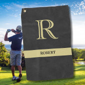 Zwart leder Textuur Monogram Naam Gold Golfhanddoek