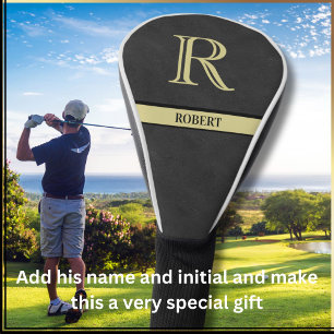 Zwart leder Textuur Monogram Naam Gold Golfheadcover