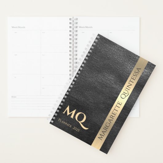 Zwart Lederen Goud Monogrammed Initialen Naam 2024 Planner (Display)