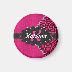 Zwart lederen monogram op roze Cheetah Magneet