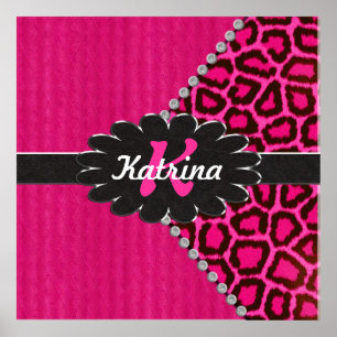 Zwart lederen monogram op roze Cheetah Poster