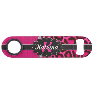 Zwart lederen monogram op roze Cheetah Speed Flessenopener