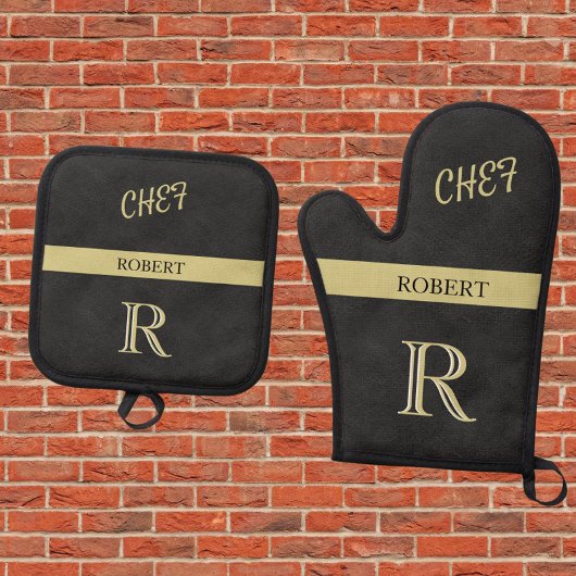 Zwart lederen textuur Chef Monogram Naam Ovenwant & Pannenlap Set