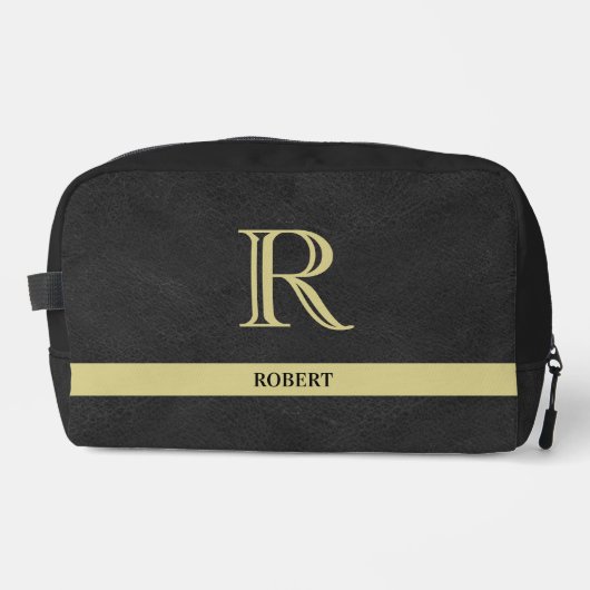 Zwart lederen textuur Trim Goud Monogram Naam Toilettasje (Voorkant)