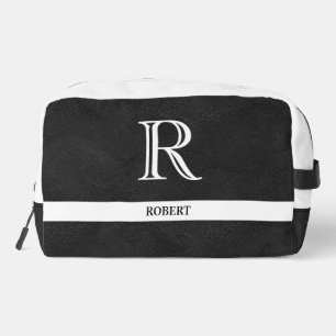 Zwart lederen textuur Trim Wit Monogram Naam Toilettasje