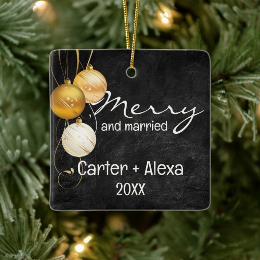 Zwart leer eerste kerst getrouwd keramisch ornament (Boom)